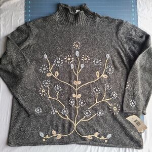 Embroidered Gray Sweater Cardigan Whimsy Cottagecore Coastal Grandma Vintage